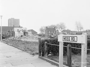 Housing development at Moss Road, Dagenham, showing south side of road nearly demolished, 1972