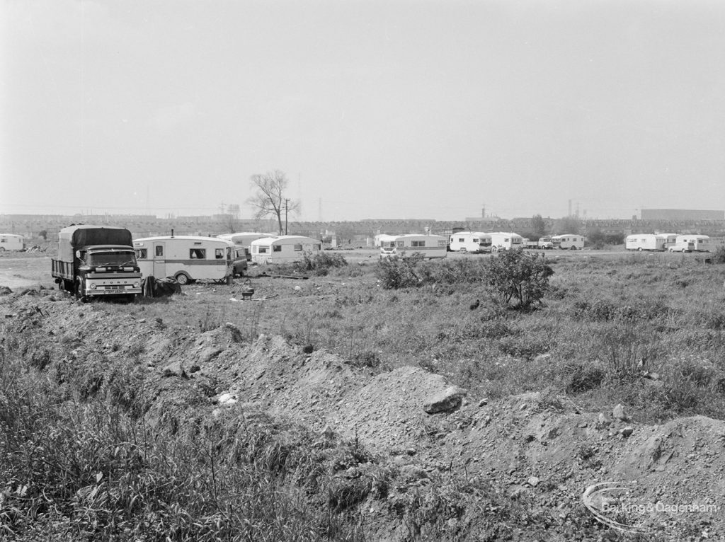 Gypsy encampment housing at Leys Avenue, Dagenham surrounded by deep trench, 1972