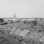 Gypsy encampment housing at Leys Avenue, Dagenham surrounded by deep trench, 1972