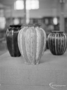 Victoria and Albert Exhibition on Martinware at Rectory Library, Dagenham, showing three gourd-shaped vases, 1972