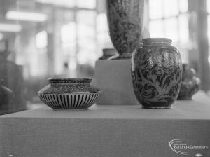 Victoria and Albert Exhibition on Martinware at Rectory Library, Dagenham, showing horizontal and vertical patterned vases, 1972