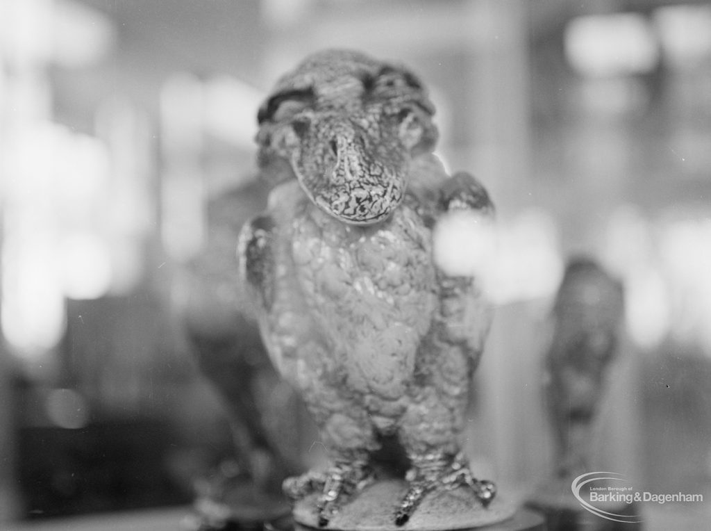 Victoria and Albert Exhibition on Martinware at Rectory Library, Dagenham, showing ceramic monster animal [possibly owl, monkey or toad], 1972