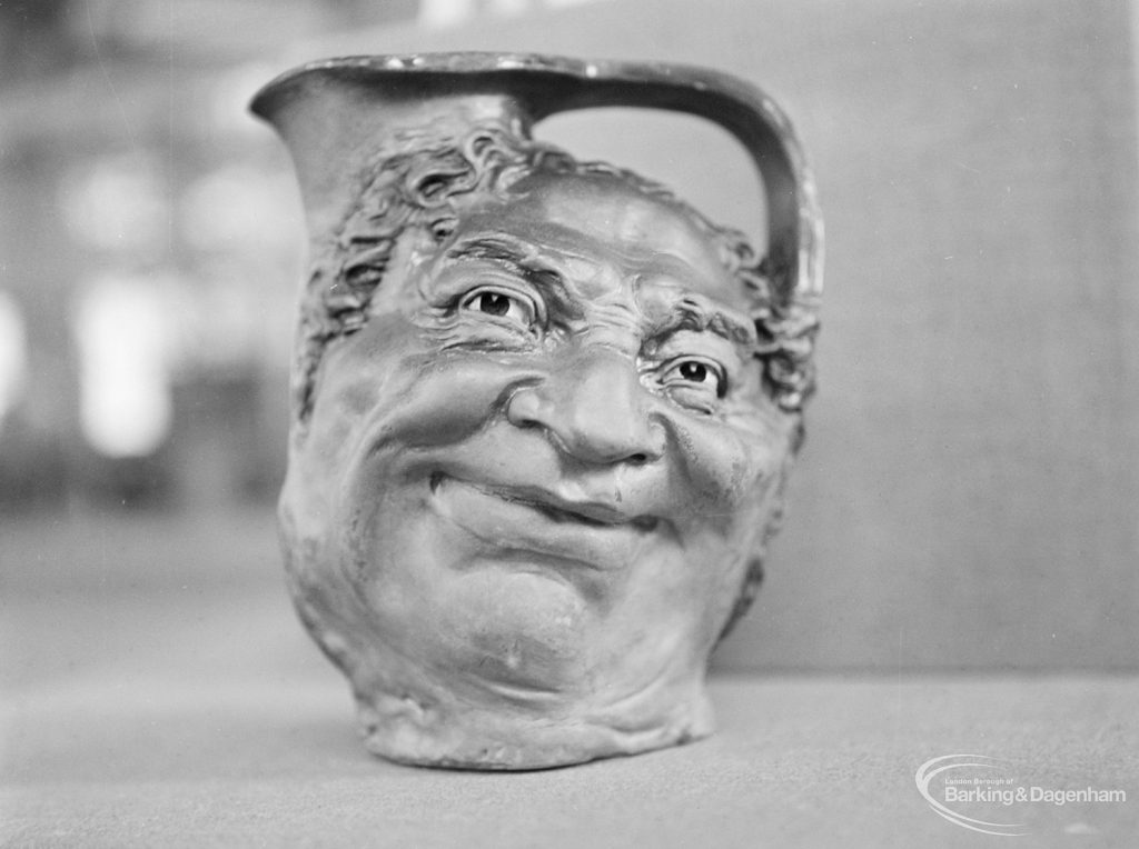 Victoria and Albert Exhibition on Martinware at Rectory Library, Dagenham, showing jug with grotesque human face, 1972