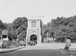 Curfew Tower, Barking from north-west, flanked by trees, 1972