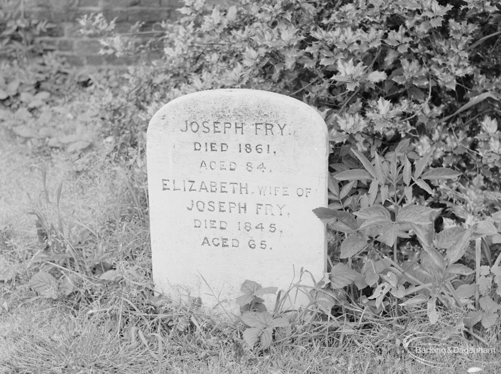 The gravestone of Elizabeth Fry and her husband Joseph Fry in Quaker burial ground, Barking, 1972