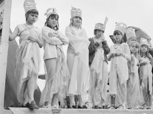 Dagenham Town Show 1972, showing close-up of seven girls wearing robes in Old Dagenham Park, 1972