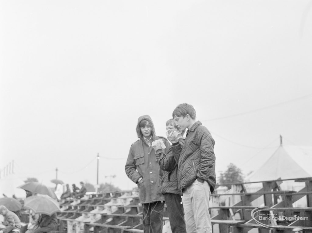 Dagenham Town Show 1972 at Central Park, Dagenham, showing three boys standing by empty stand, 1972