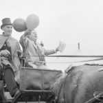 Dagenham Town Show 1972 at Central Park, Dagenham, showing men with balloons on horse and coach in arena, 1972
