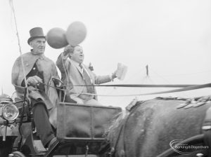 Dagenham Town Show 1972 at Central Park, Dagenham, showing men with balloons on horse and coach in arena, 1972
