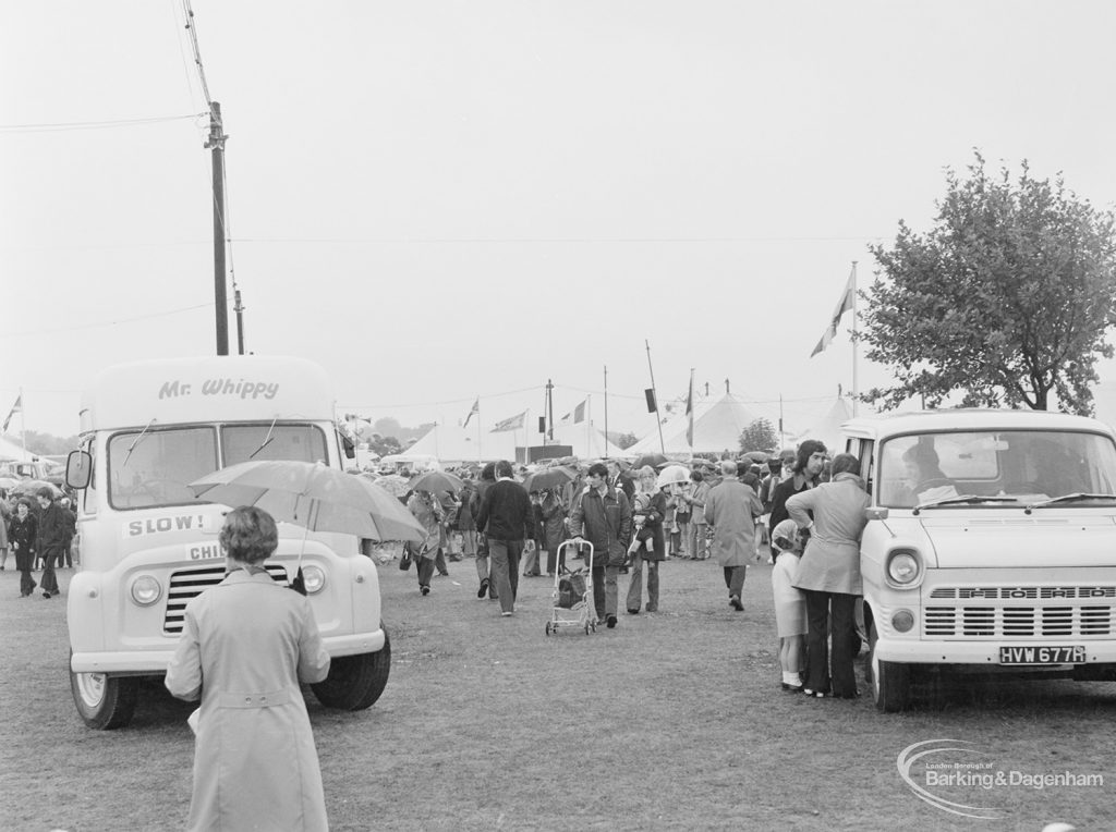 Dagenham Town Show 1972 at Central Park, Dagenham, showing two vans and members of public, 1972