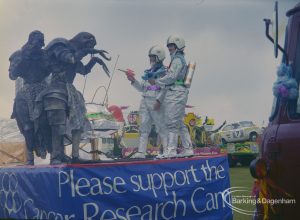 Dagenham Town Show 1972 at Central Park, Dagenham, showing Cancer Research Campaign carnival tableau with spacemen and aliens, 1972