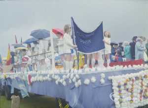 Dagenham Town Show 1972 at Central Park, Dagenham, showing Pondfield Park [possibly Playleadership Scheme] decorated float with roses, 1972