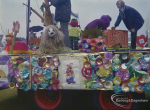 Dagenham Town Show 1972 at Central Park, Dagenham, showing rear of Central Park Playleadership Scheme’s decorated float with Magic Roundabout, 1972