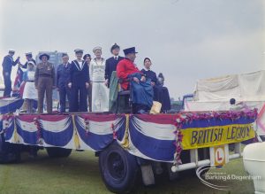 Dagenham Town Show 1972 at Central Park, Dagenham, showing Royal British Legion float with Chelsea pensioner, servicemen and nurses, 1972