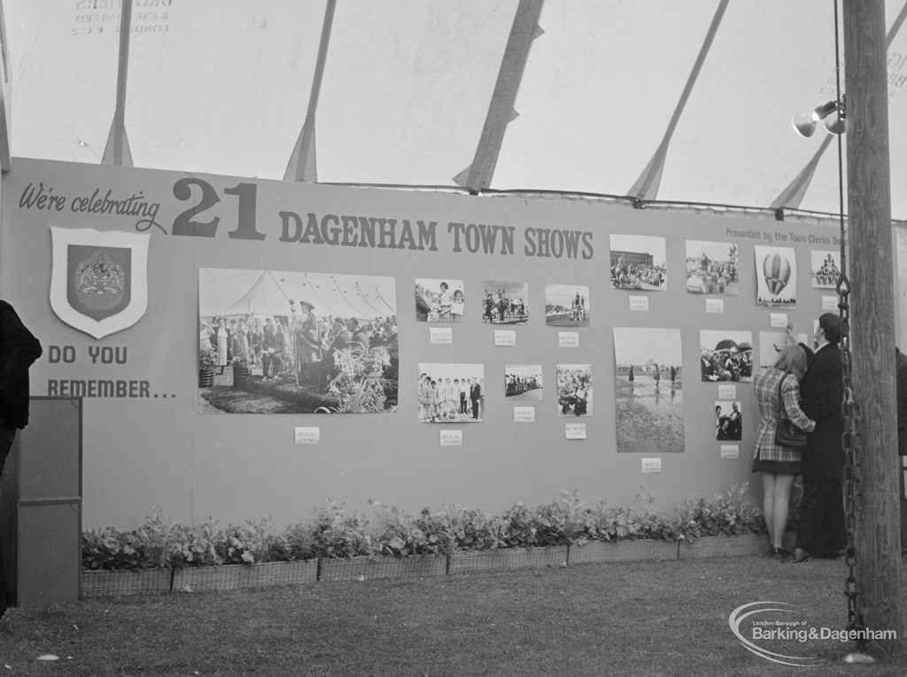 Dagenham Town Show 1972 at Central Park, Dagenham, showing Civic Marquee with ‘We’re celebrating twenty-one Dagenham Town Shows’ display, 1972