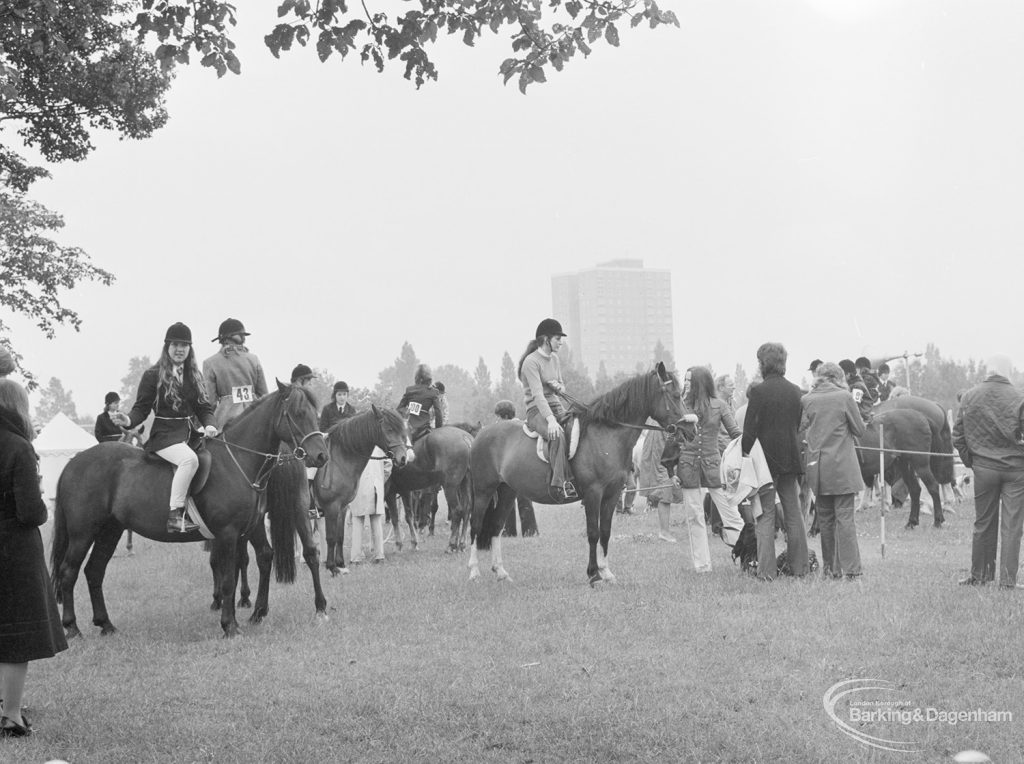 Dagenham Town Show 1972 at Central Park, Dagenham, showing group of horse riders before racing, 1972