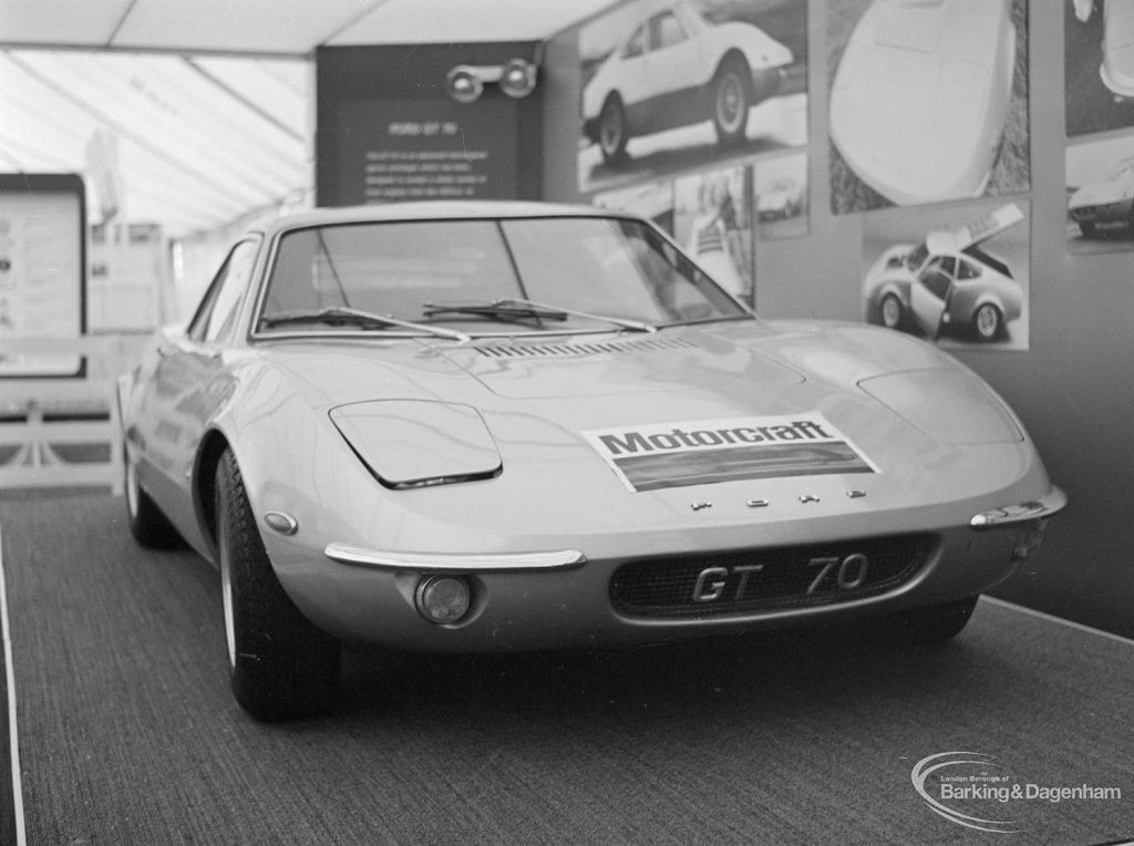 Dagenham Town Show 1972 at Central Park, Dagenham, showing Ford Motor Company display with frontal view of new model, 1972