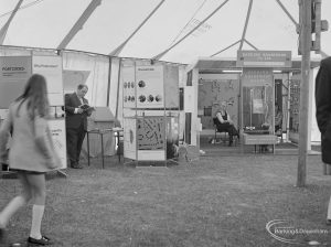 Dagenham Town Show 1972 at Central Park, Dagenham, showing side of marquee with Barking Brassware Company Limited stand and Postcodes stand, 1972