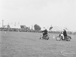 Dagenham Town Show 1972 at Central Park, Dagenham, showing close-up of two Police Motorcyclists taking part in display in Arena [display modified because of wet conditions], 1972