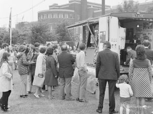 Dagenham Town Show 1972 at Central Park, Dagenham, showing Civic Centre and crowd listening to electric steam organ by entrance, 1972