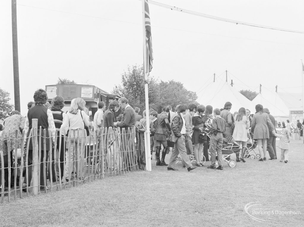 Dagenham Town Show 1972 at Central Park, Dagenham, showing Civic Centre and crowd entering showground, 1972