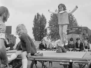Dagenham Town Show 1972 at Central Park, Dagenham, showing young girl jumping on trampoline, 1972