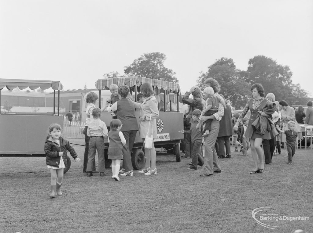 Dagenham Town Show 1972 at Central Park, Dagenham, showing parents and children around miniature train, 1972