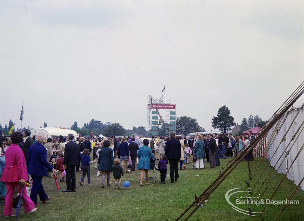 Dagenham Town Show 1972 at Central Park, Dagenham, showing crowd approaching Parachute Regiment gantry, 1972