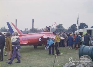 Dagenham Town Show 1972 at Central Park, Dagenham, showing small red aircraft and visitors, 1972