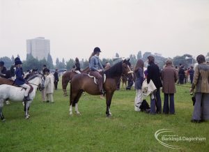 Dagenham Town Show 1972 at Central Park, Dagenham, showing group of horse riders and visitors, 1972