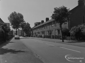 Old Barking, showing Boundary Road, north side from Greatfields Road, and with trees, 1973