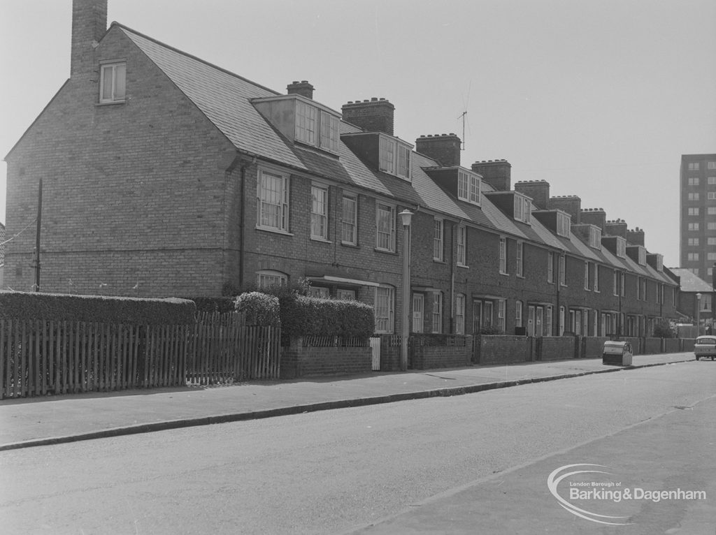 Old Barking, showing Boundary Road, south side from Greatfields Road, and with fence and trimmed hedge, 1973