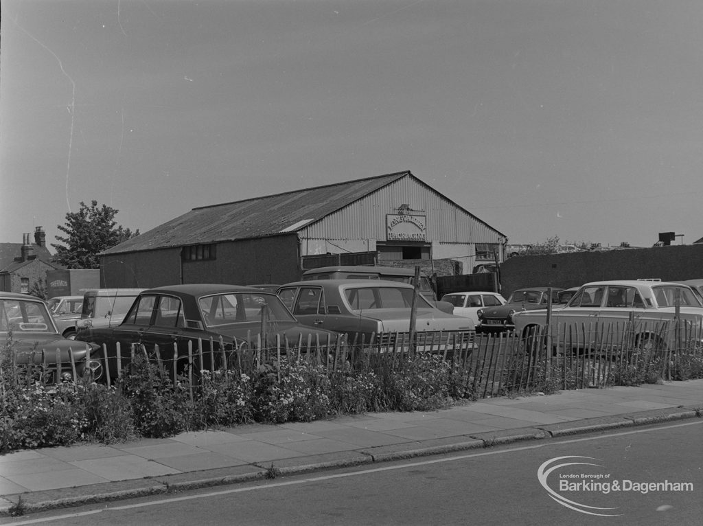 Old Barking, showing Bamford Road, south-east side from north, with car park and packaging shed, 1973