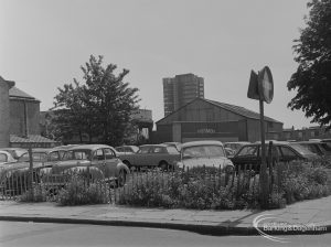 Old Barking, showing Glenny Road, corner with Bamford Road and cars parked on site, 1973