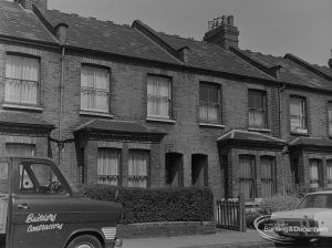 Old Barking, showing different styles of terraced houses on north-east side of Fanshawe Avenue, 1973