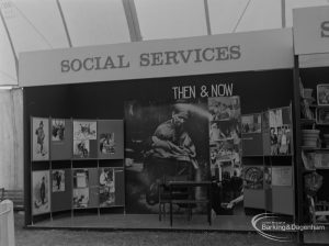 Dagenham Town Show 1973 at Central Park, Dagenham, showing Civic Services Marquee with ‘Then and Now’ display on Social Services stand, 1973