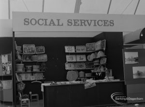 Dagenham Town Show 1973 at Central Park, Dagenham, showing Civic Services Marquee with Social Services stand, including bags and baskets, 1973