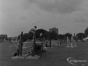 Dagenham Town Show 1973 at Central Park, Dagenham, showing Horse Trials with horse leaping over poles, 1973