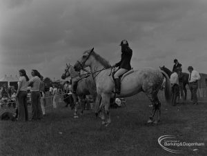 Dagenham Town Show 1973 at Central Park, Dagenham, showing Horse Trials with grey mounted and onlookers, 1973