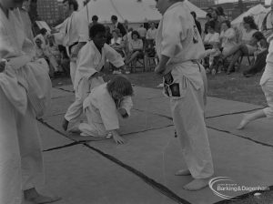 Dagenham Town Show 1973 at Central Park, Dagenham, showing close-up of judo display outside marquee, 1973