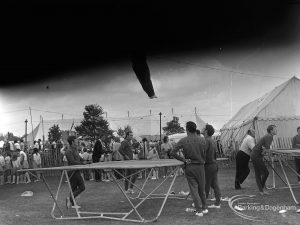 Dagenham Town Show 1973 at Central Park, Dagenham, showing Royal Air Force display with man performing exercise on trampoline, 1973