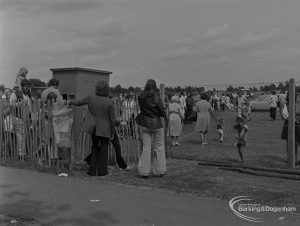 Dagenham Town Show 1973 at Central Park, Dagenham, showing box office queue of visitors at south end, opposite Fire Station, 1973
