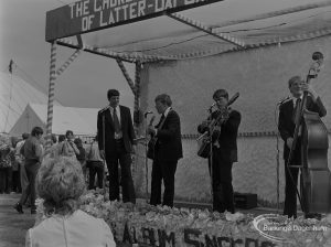 Dagenham Town Show 1973 at Central Park, Dagenham, showing musical performance by the Church of Latter-Day Saints four-piece band, 1973