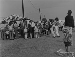 Dagenham Town Show 1973 at Central Park, Dagenham, showing visitors queueing for Britvic soft drinks, with tents beyond, 1973