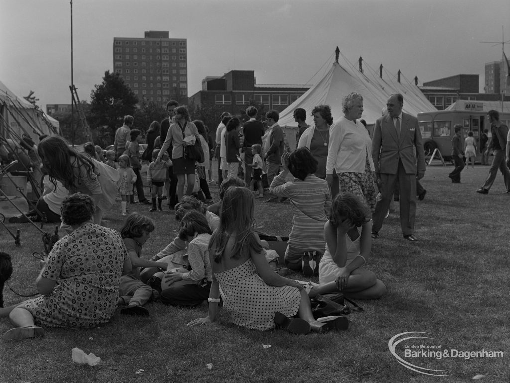 Dagenham Town Show 1973 at Central Park, Dagenham, showing refreshments tent and visitors standing and seated on the ground, 1973