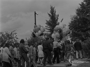Dagenham Town Show 1973 at Central Park, Dagenham, showing balloon sellers and queue to get in about 5.00 pm at Civic Centre entrance, 1973