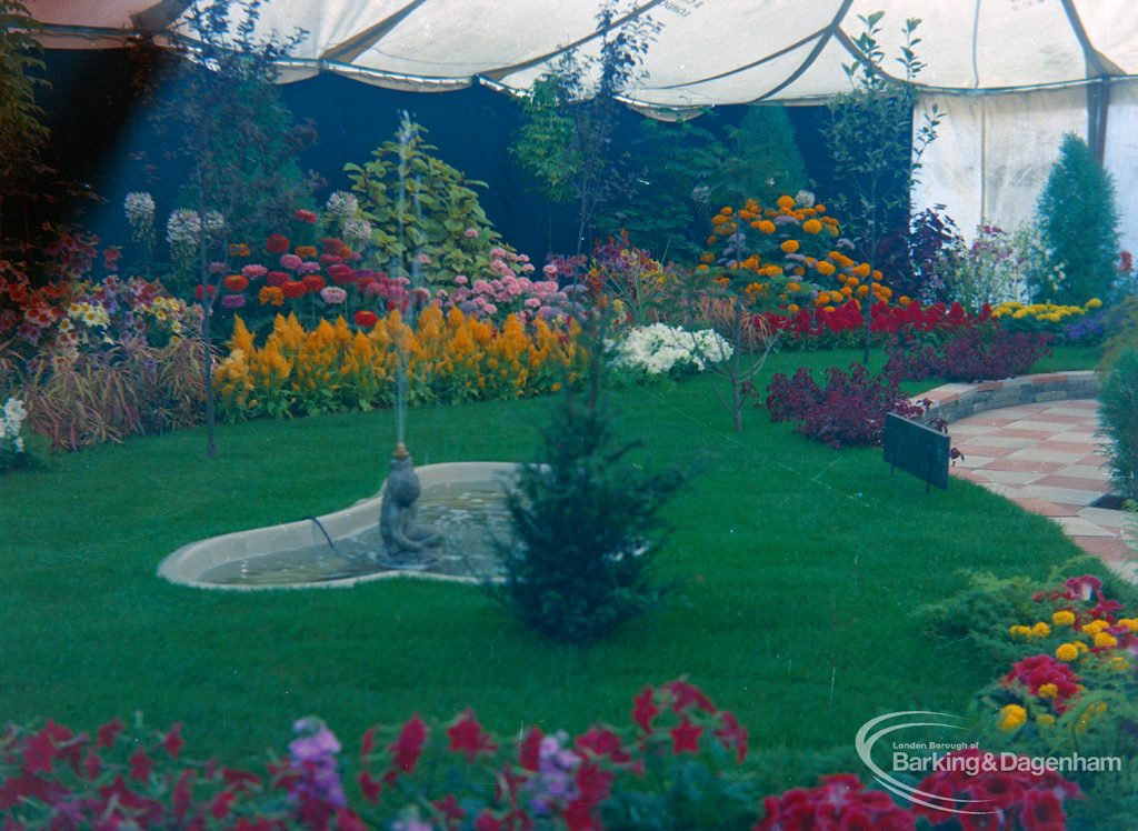 Dagenham Town Show 1973 at Central Park, Dagenham, showing London Borough of Barking Parks Department display, with pink and white chequered paving [opposite side of marquee from EES16057a], 1973