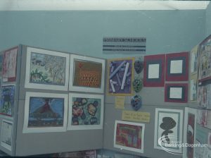 Dagenham Town Show 1973 at Central Park, Dagenham, showing London Borough of Barking Primary Schools stand with display of children’s artwork, 1973