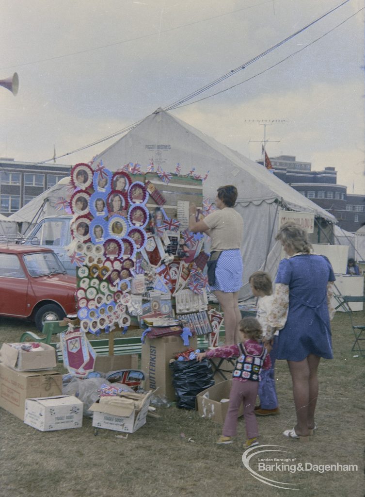 Dagenham Town Show 1973 at Central Park, Dagenham, showing Souvenir Stall, with mother and children, 1973