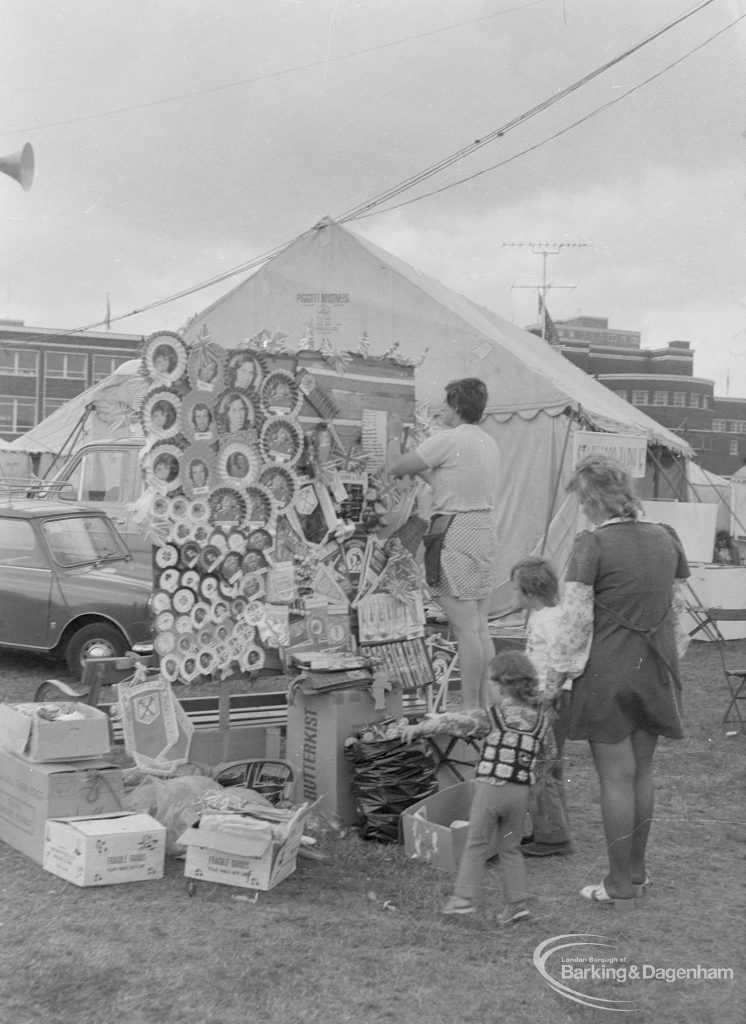 Dagenham Town Show 1973 at Central Park, Dagenham, showing Souvenir Stall, with mother and children, 1973